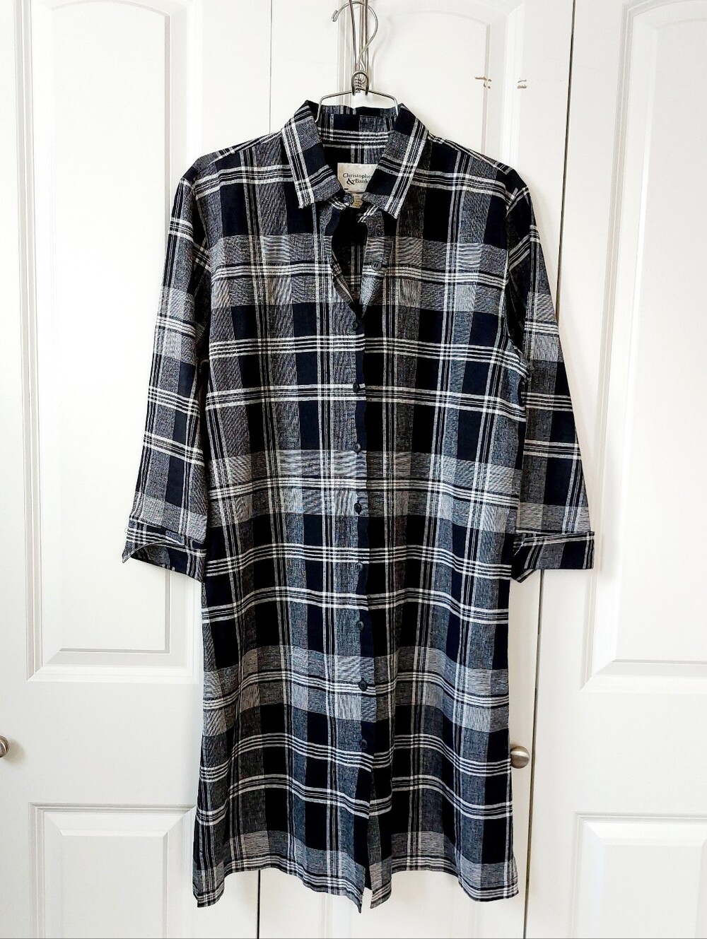 Black Plaid Linen Blend Cottagecore Dress Medium Christopher & Banks Granny